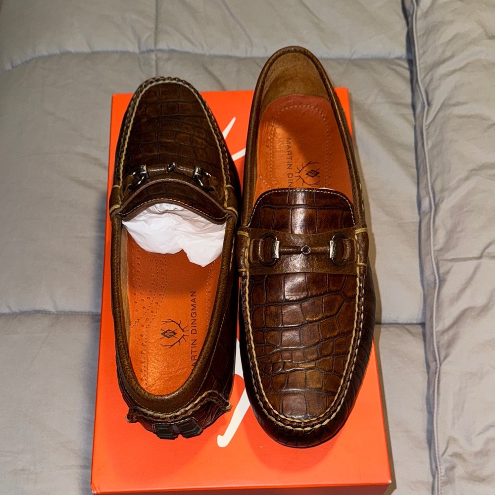Martin Dingman Crocodile Embossed Brown Loafers - Picture 2 of 6